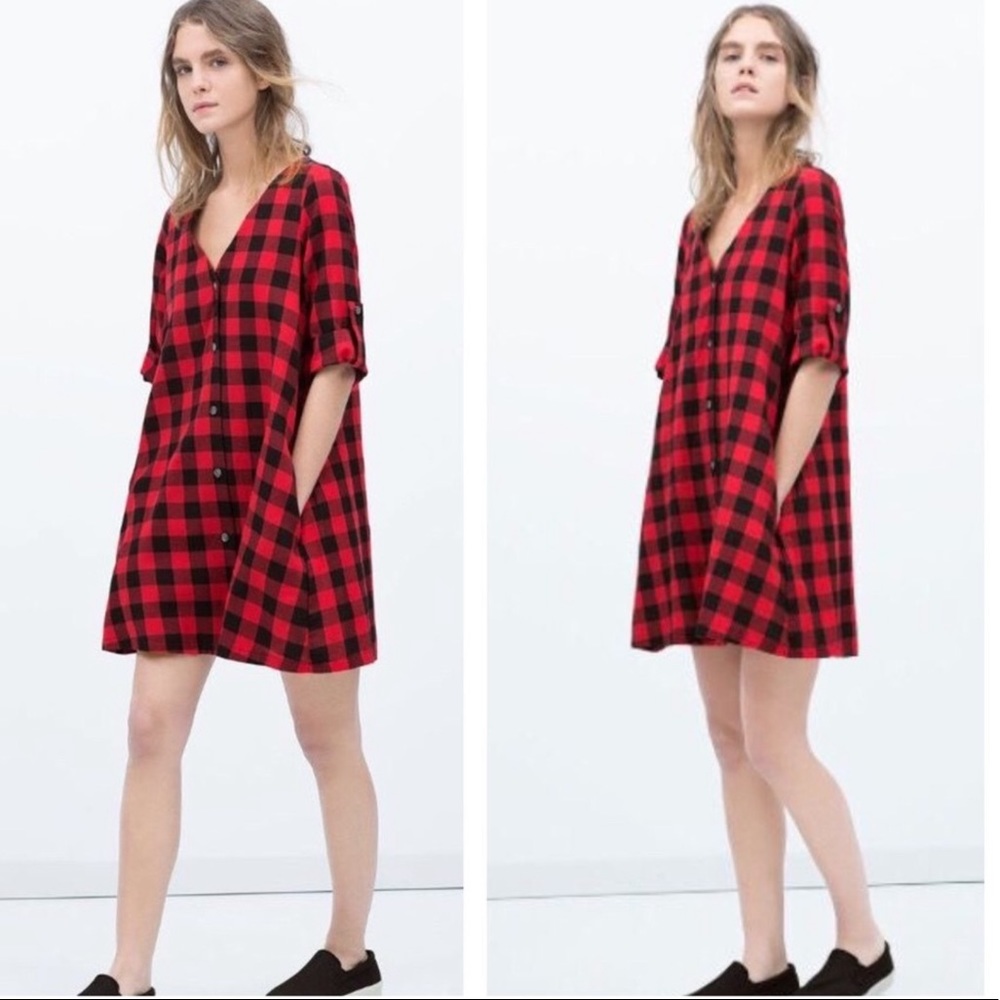 zara buffalo plaid v-neck tunic dress